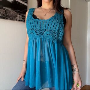 Boho Turquoise Crochet Chiffon Babydoll Top